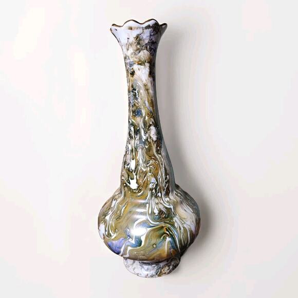 Vtg Sumerbank Turkey YPS VASE Hand Painted Porcelain MCM Bronze Blue Cream Swirl - Picture 2 of 8